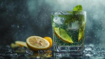 Refreshing glass of lemonade with ice and mint surrounded by fresh lemons on a dark surface photo