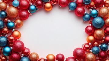 Colorful holiday wreath with blue, red, and gold ornaments on a light background for winter decor photo
