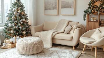 Cozy living room with a decorated Christmas tree and a modern lounge chair in soft afternoon light photo