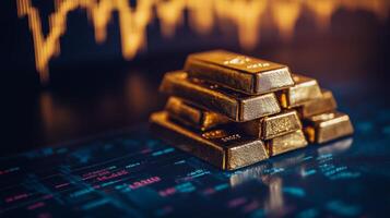 Gold bars stacked on a trading platform with fluctuating market graphs in the background photo