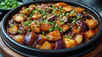 Delicious roasted eggplant wedges garnished with green onions served in a black bowl photo