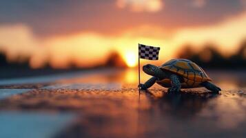 A turtle crossing the finish line at sunset with a checkered flag in the foreground photo