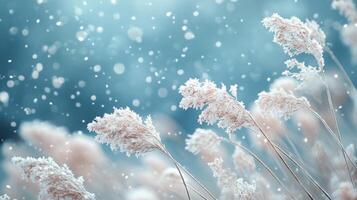 Frost-covered grasses sway gently under falling snowflakes on a winter afternoon photo