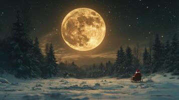 Santa Claus sits on a sleigh under a bright full moon in a snowy forest during winter night photo