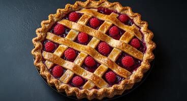Delicious raspberry pie with a golden lattice crust on a dark stone surface photo