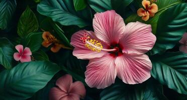 A vibrant pink hibiscus flower blooming in a lush tropical garden during daylight hours photo