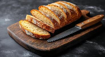 Freshly sliced bread with a wooden cutting board and a knife ready for serving in a kitchen photo