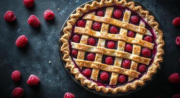 Delicious raspberry pie with a golden lattice crust on a dark stone surface photo