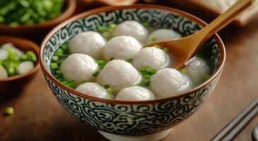 Warm bowl of homemade dumpling soup garnished with fresh green onions in a rustic kitchen setting photo