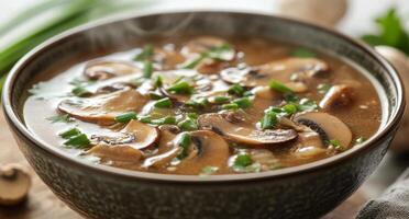 Warm mushroom soup with fresh herbs served in a bowl on a rustic wooden table photo