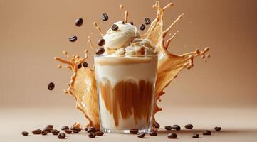 Delicious coffee dessert with ice cream and a dramatic splash on a neutral background photo