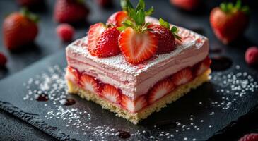 Delicious layered strawberry dessert served on a slate platter with fresh berries and icing sugar photo