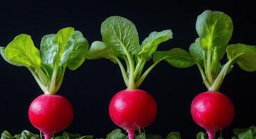 Freshly harvested radishes with vibrant green leaves on a dark background photo