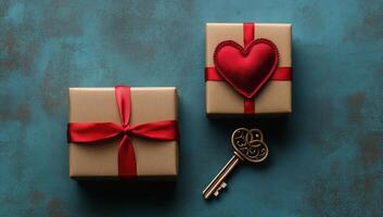 Two beautifully wrapped gifts with red ribbons and a decorative heart on a teal background photo