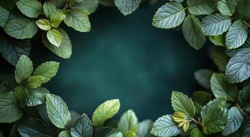 A lush arrangement of green leaves forming a natural frame on a dark background photo