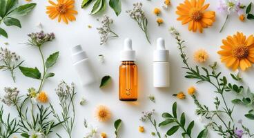 Natural skincare products arranged with vibrant flowers and herbs on a light background photo