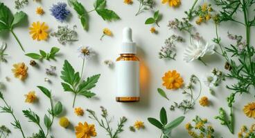 Natural skincare products arranged with vibrant flowers and herbs on a light background photo