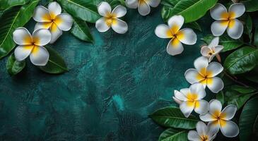 A vibrant arrangement of white and yellow flowers framed by lush green leaves on a dark background photo