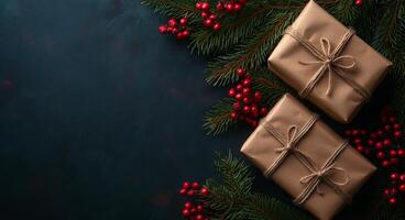 Beautifully wrapped gifts surrounded by evergreen branches and red berries for the holiday season photo