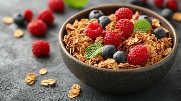 A delicious bowl of granola topped with fresh raspberries and blackberries on a dark surface photo