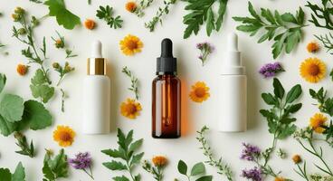 Natural skincare products arranged with vibrant flowers and herbs on a light background photo