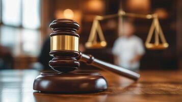 Wooden gavel on a desk in a courtroom with people discussing legal matters in the background photo