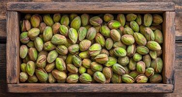 Freshly harvested pistachios arranged in a wooden tray on a rustic surface photo