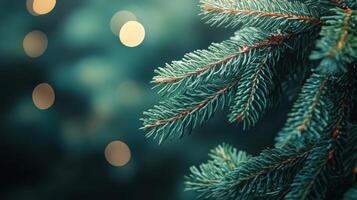 Close-up view of fresh green pine needles on branches during a sunny day in a forest photo