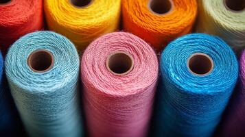 Colorful spools of thread arranged neatly on a surface ready for sewing or crafting projects photo