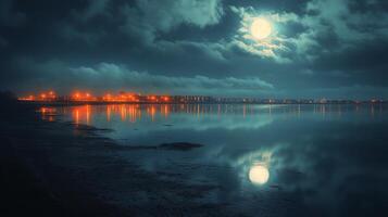 Nighttime reflection of a full moon over a calm lake with city lights in the background photo