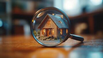 A magnifying glass reveals a vibrant model house surrounded by lush greenery in soft sunlight photo