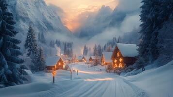 Charming winter village in snowy mountains at sunset, glowing lights and serene vibe photo