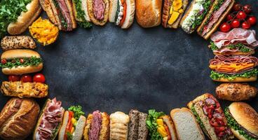 A variety of delicious sandwiches arranged artfully on a dark surface with fresh ingredients photo