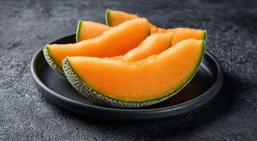 Freshly sliced cantaloupe served on a dark plate ready for summer snacking at home photo