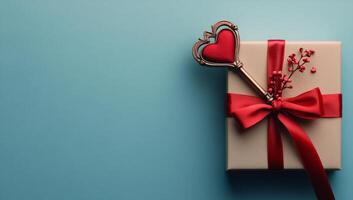 Two beautifully wrapped gifts with red ribbons and a decorative heart on a teal background photo