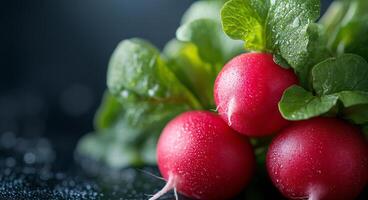 Fresh red radishes with green leaves on a dark background in a natural light setting photo