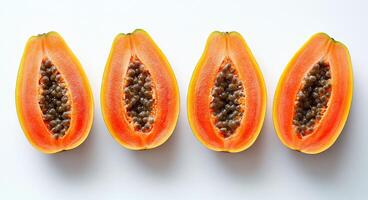 Fresh papayas sliced open, showcasing vibrant orange flesh and black seeds on a white surface photo