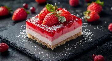 Delicious layered strawberry dessert served on a slate platter with fresh berries and icing sugar photo