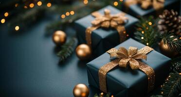 Elegant gift boxes wrapped in golden ribbons arranged with festive decorations for celebration photo