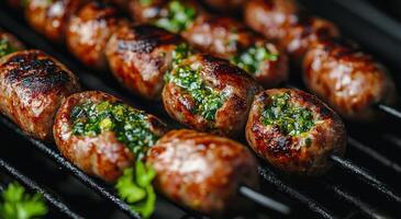 Grilled skewers of marinated meat with herbs cooking on a barbecue in the evening sun photo