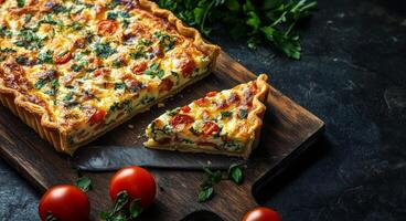 Freshly baked vegetable tart with herbs, tomatoes, and greens on a wooden cutting board photo