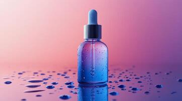 Brightly lit blue serum bottle on a reflective surface against a pink gradient background photo