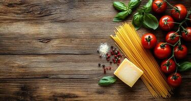 Fresh tomatoes, spaghetti, basil, and cheese on rustic wooden surface ready for cooking photo