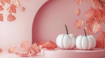 Autumn-inspired display featuring white pumpkins and colorful leaves on a soft pink background photo