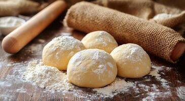 Preparing fresh dough balls on a wooden surface with flour and a rolling pin in a cozy kitchen photo