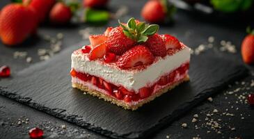 Delicious layered strawberry dessert served on a slate platter with fresh berries and icing sugar photo