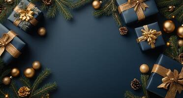 Elegant gift boxes wrapped in golden ribbons arranged with festive decorations for celebration photo
