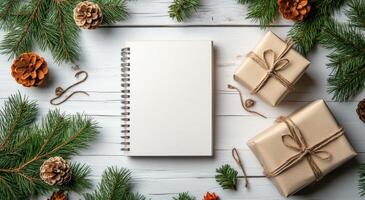 acogedor fiesta ajuste con blanco computadora portátil, rojo regalo cajas, y pino ramas en de madera mesa foto