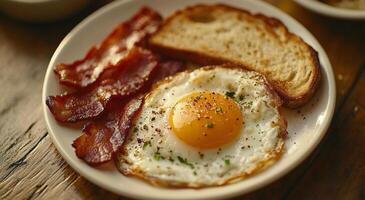 Delicious breakfast plate with crispy bacon, fried egg, toasted bread, and fresh greens photo