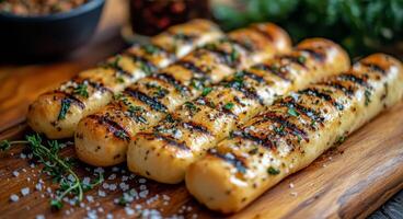 Deliciously grilled garlic bread sticks served on a wooden board with herbs and spices photo